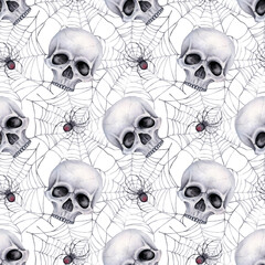 Seamless pattern with grey skulls, cobwebs, and red-bellied spiders. It is painted in watercolor for printing, fabric, cover, wrapping paper, wallpaper.