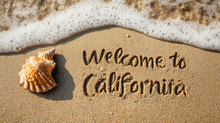 Welcome to California text written in beach sand with seashell