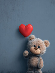 Cute teddy bear holding red heart balloon