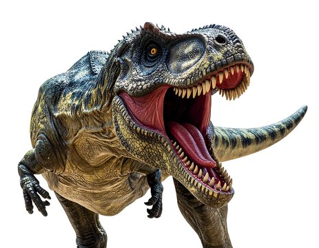 A close-up of a fearsome Tyrannosaurus Rex. Its mouth is open, revealing sharp teeth and a long, pink tongue. Its eyes are intense - Powered by Adobe