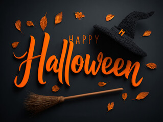 Spooky Happy Halloween lettering on black background with glowing orange text &ndash; dark horror holiday concept