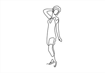 Continuous Line Drawing of a Woman Posing in a Dress. line icon-continuous line drawing. Editable stroke. 