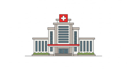 Minimalist vector illustration of a hospital building with a red medical cross sign
