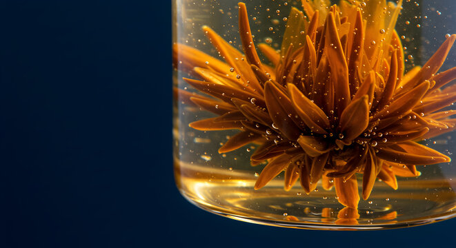 Macro close-up of blooming tea flower inside a transparent glass teapot. The detailed petals unfold in warm light, revealing the beauty of natural infusion. Perfect for tea branding, nature art, bever