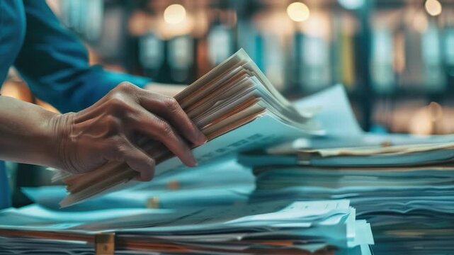 video A person sits at a table with a stack of papers, ready for work or study