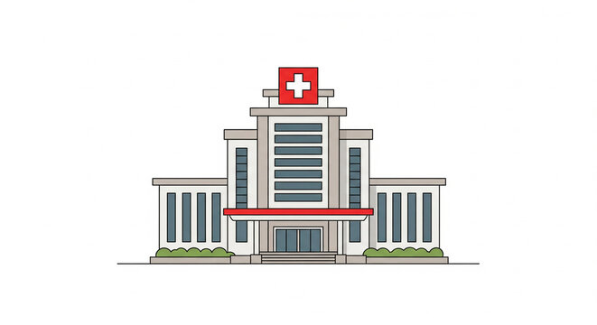 Minimalist vector illustration of a hospital building with a red medical cross sign