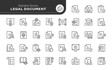 Legal document line icon set. Passport, birth certificate, diploma, power of attorney, license, certificate, contract, agreement, patent,ID card, deed.Outline icon in linear style.Vector collection.	