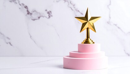 A golden star trophy sits atop a pink tiered platform against a marble background, symbolizing achievement and recognition