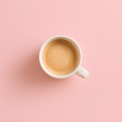 Clean overhead shot of a white coffee mug with a warm, frothy beverage, resting on a soft pastel pink background, perfect for minimalist lifestyle and comfort themes