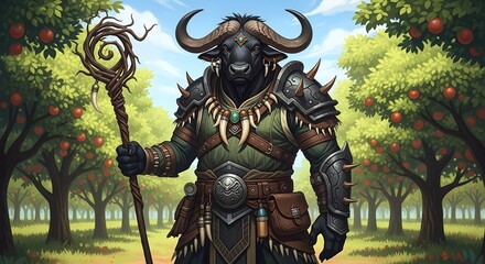 Minotaur Druid Standing Among Orchard