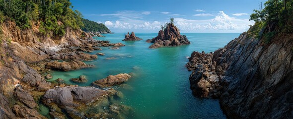 Coastal Landscape With Rocky Shoreline And Turquoise Waters Under Clear Blue Sky