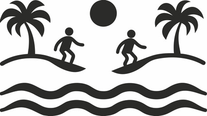 Surfing adventure at tropical island beach with palms and sun, minimal and modern design, perfect for travel posters and summer promotions