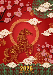 Dynamic Golden Horse Zodiac in Ornate Frame: Vibrant 2026 Chinese New Year Vector with Pink Cherry Blossoms, Auspicious Clouds, and Red Festive Waves