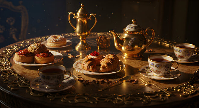 Luxurious vintage tea set with golden teapots, croissants, and pastries arranged on an elegant wooden table. Warm golden lighting creates a royal European café atmosphere, ideal for advertising, hospi