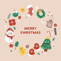 Merry Christmas round background frame with flat icons isolated on white. Christmas tree, snowman, gift, winter holiday design elements. Vector template New Year Wreath with Xmas decorations.