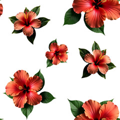 Fototapeta premium Seamless vintage hibiscus floral pattern with red tropical flowers and green leaves on transparent background, retro botanical design for fabric and digital use