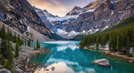 Majestic Mountain Lake Scene with Towering Peaks and Turquoise Waters.