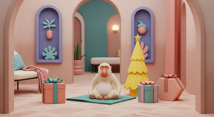 Cozy Minimalist Pastel Christmas and New Year Scene with Monkey Gifts and Yellow Tree Modern Holiday Home Interior Decor








