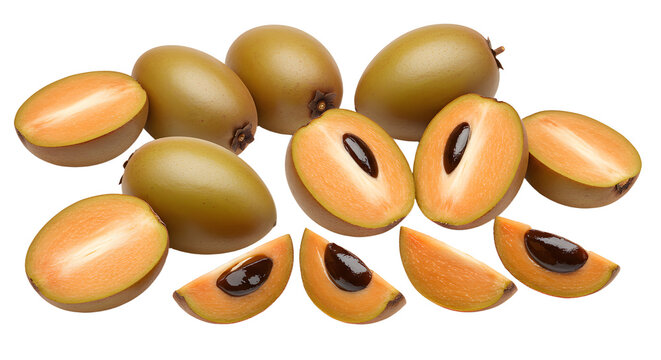 Close-up of ripe lucuma fruits with brown skin and orange flesh, some cut open to reveal their seeds, isolated on white background, perfect for food and health content