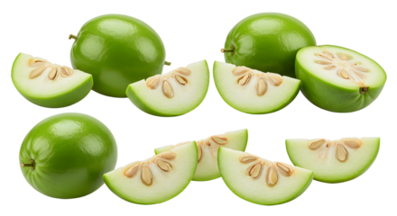Fresh green guava fruit whole and sliced isolated on white background, healthy tropical fruit perfect for cooking and nutrition
