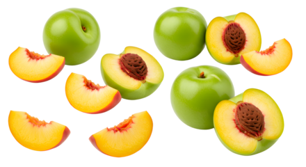 Fresh green peaches and peach slices isolated on white background, healthy fruit close-up, perfect for recipe or nutrition content