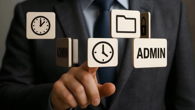 Executive finger selects the admin tile among folder, lock, and clock icons. Access stewardship and permission governance concept.