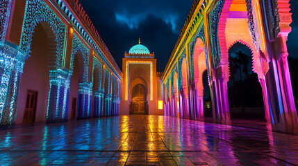 Captivating view of the illuminated mosques courtyard at night, reflecting vibrant colors and architectural splendor in marrakech, morocco under the dark sky