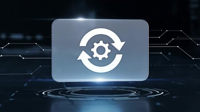 Translucent card displays cycle arrow with gear. Continuous synchronization and process improvement as a concept.