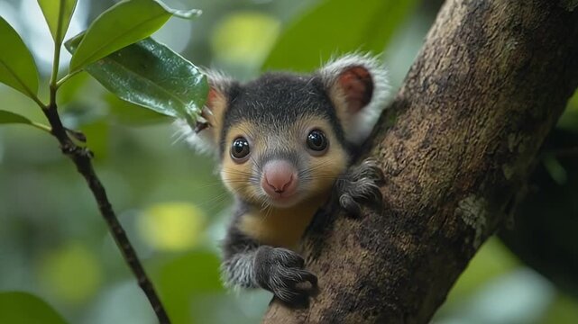 Adorable Indian Giant Squirrel Peeking from Tree Branch.