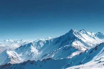 Obraz premium A breathtaking panoramic view of snow-covered mountain peaks against a clear blue sky, highlighting the majestic beauty and serenity of the winter landscape.