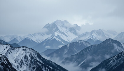 Obraz premium A vast mountain range during a gentle snowfall, wrapped in mist