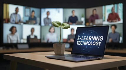 Notebook with e-learning technology on a table with a plant, while the class appears via videoconference. Remote learning and collaborative virtual classroom as a concept.