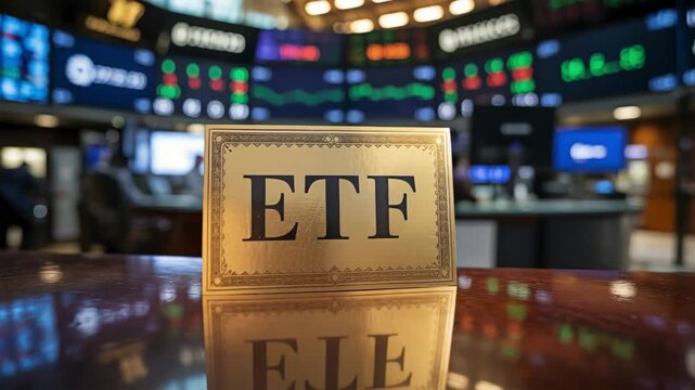 A gold plaque with the acronym ETF rests in front of a stock exchange screen. Passive diversification and index exposure as a concept.