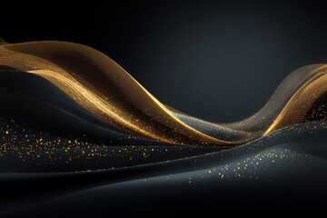 A luxurious dark background with golden flowing lines and shimmering particles, creating an elegant and sophisticated design, suitable for various visual projects.