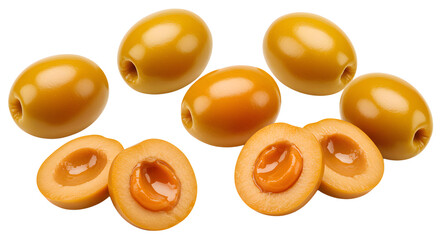 Fresh golden yellow plums whole and halved showing juicy flesh isolated on white background, perfect for healthy food articles