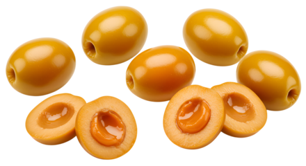 Fresh golden yellow plums whole and halved showing juicy flesh isolated on white background, perfect for healthy food articles