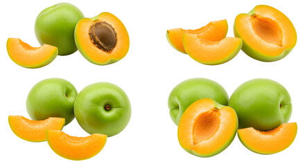Fresh green apricots with sliced halves showing juicy orange flesh isolated on white background, perfect for healthy food and summer recipes