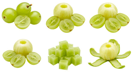 Fresh green gooseberries whole, halved, peeled, and diced arranged on white background, healthy summer fruit perfect for recipes and snacks