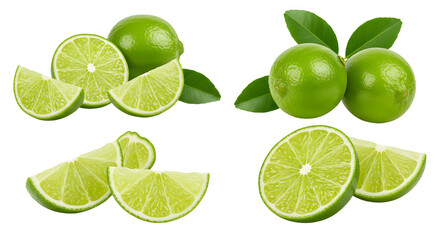 Fresh green limes whole and sliced with leaves isolated on white background, perfect for food and beverage projects
