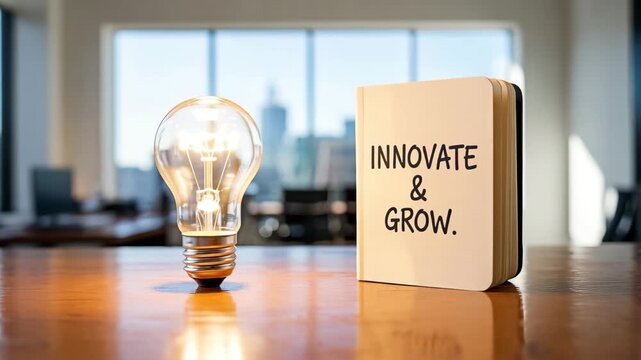 Light bulb next to a notebook with the phrase &ldquo;innovate and grow&rdquo; in a bright office. Applied creativity and sustainable expansion as a concept.