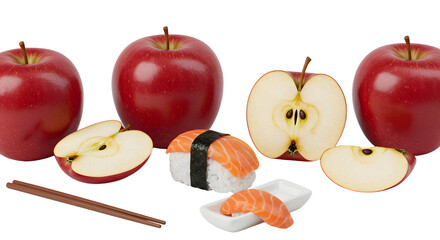 Fresh red apples and sushi assortment with chopsticks on white background, perfect for food presentation and culinary themes