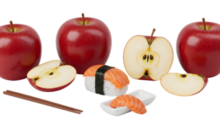 Fresh red apples and sushi assortment with chopsticks on white background, perfect for food presentation and culinary themes