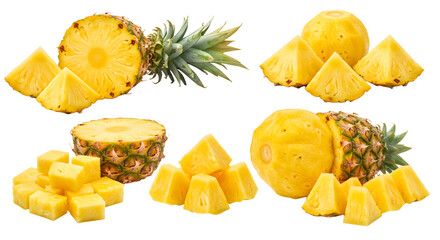 Fresh pineapple slices and chunks arranged with whole and halved pineapples, showcasing tropical fruit with juicy texture, perfect for healthy recipes and summer meals