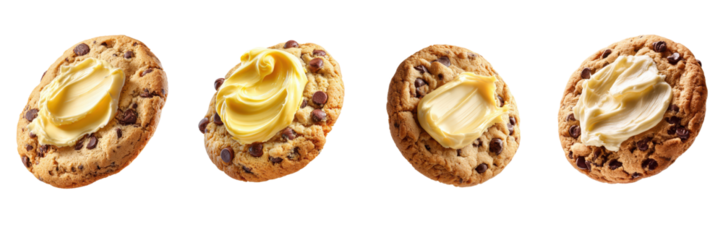 Delectable Cookie Bliss: Four tempting cookies, each generously topped with a swirl of creamy frosting, creating a symphony of sweetness and a visual feast.