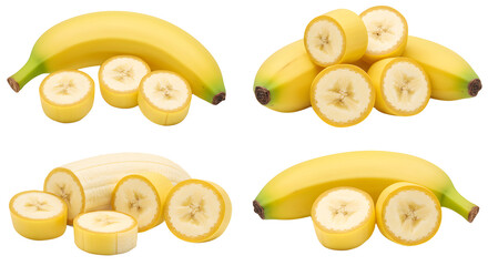 Fresh ripe bananas whole and sliced isolated on white background, healthy tropical fruit perfect for smoothies and snacks
