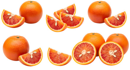 Fresh ripe blood oranges whole and sliced isolated on white background, perfect for healthy food recipes and vitamin C promotion