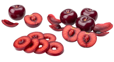 Fresh ripe cherries and sliced cherry halves isolated on white background, healthy fruit close-up, perfect for food and nutrition content