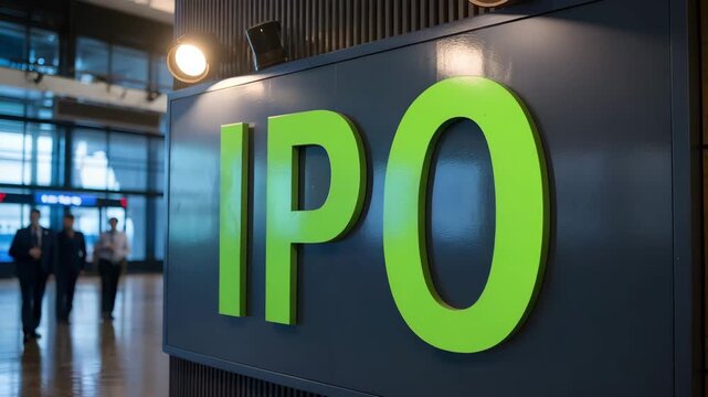 A green sign with the letters IPO shines in the business hall. Going public and market access as a concept.