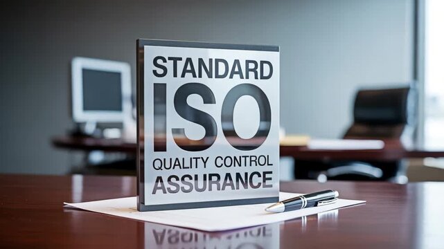 ISO standard plate rests on executive desk next to pen. Quality assurance and process control as a concept.