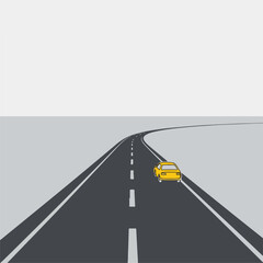 Yellow car on road, straight perspective of vehicle on asphalt surface. Car cruises along roadway, with dividing lines enhancing depth, creating scene of contemporary transport.